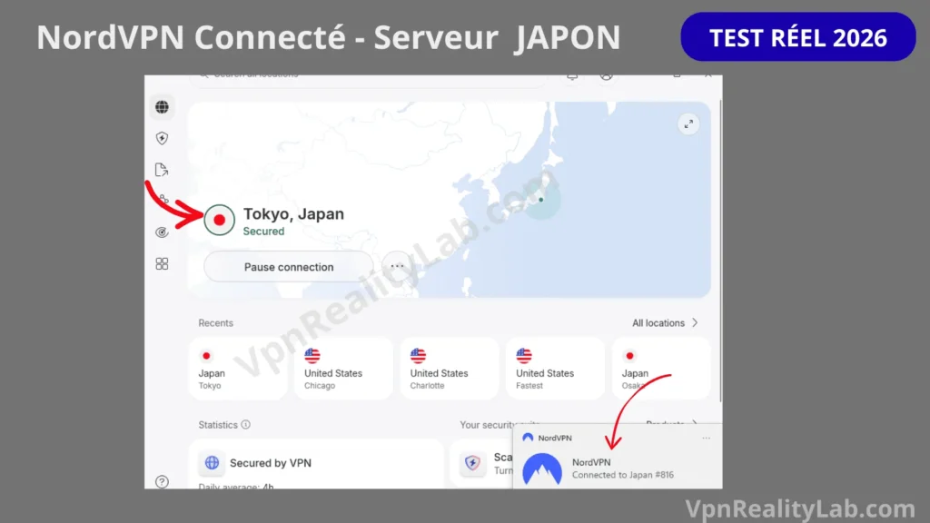 VPN Pour Prime Video connexion à NordVPN avec un serveur japonais.