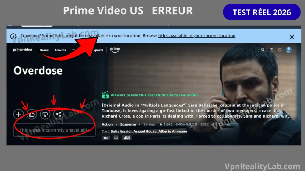 VPN Pour Prime Video exemple de problèmes rencontrés lors de nos tests vpn.