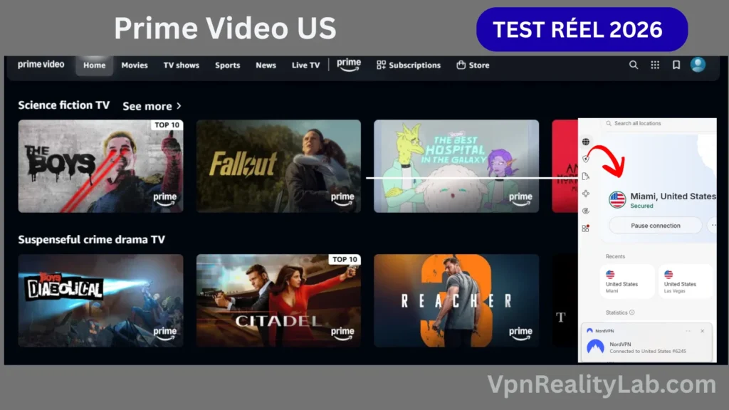 VPN Pour Prime Video prime video us 2026 après connexion au serveur US Mlaml.